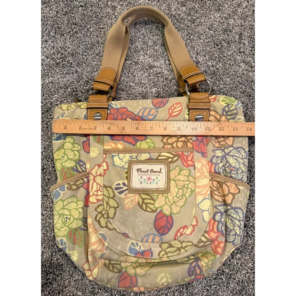 Fossil Key-Per Floral Hobo Tote Bag Canvas & Leather Trim Shoulder Purse
